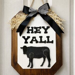 Rustic Hey Y'all Wall Sign with Cow Design